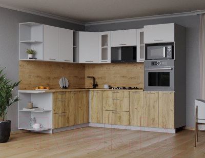 Кухонный гарнитур Интерлиния Мила 1.88x2.4 левая (белый платинум/дуб золотой/дуб бунратти)