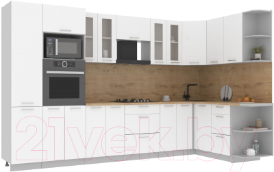 Кухонный гарнитур Интерлиния Мила 1.68x3.4 правая (белый платинум/белый платинум/дуб бунратти) - фото