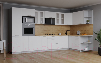 Кухонный гарнитур Интерлиния Мила 1.68x3.4 правая (белый платинум/белый платинум/дуб бунратти)