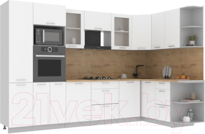 Кухонный гарнитур Интерлиния Мила 1.68x3.2 правая (белый платинум/белый платинум/дуб бунратти) - фото