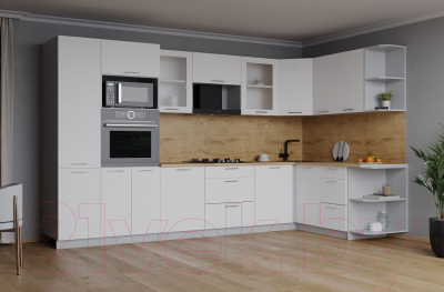 Кухонный гарнитур Интерлиния Мила 1.68x3.2 правая (белый платинум/белый платинум/дуб бунратти)