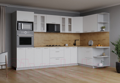 Кухонный гарнитур Интерлиния Мила 1.68x3.0 правая (белый платинум/белый платинум/дуб бунратти)