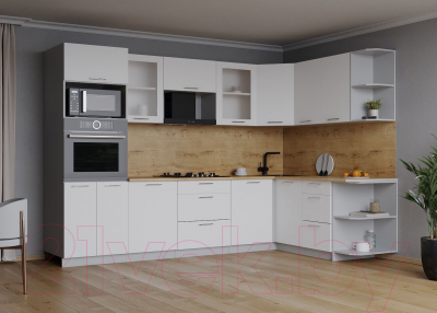 Кухонный гарнитур Интерлиния Мила 1.68x2.8 правая (белый платинум/белый платинум/дуб бунратти)