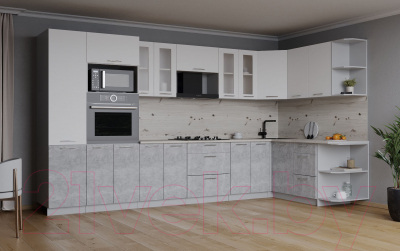 Кухонный гарнитур Интерлиния Мила 1.68x3.4 правая (белый платинум/бетон/бискайская сосна)