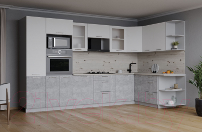 Кухонный гарнитур Интерлиния Мила 1.68x3.2 правая (белый платинум/бетон/бискайская сосна)