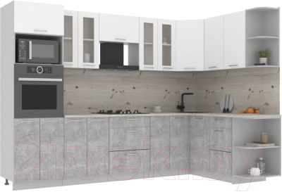 Кухонный гарнитур Интерлиния Мила 1.68x3.0 правая (белый платинум/бетон/бискайская сосна) - фото