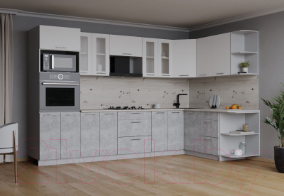 Кухонный гарнитур Интерлиния Мила 1.68x3.0 правая (белый платинум/бетон/бискайская сосна)