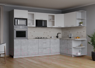 Кухонный гарнитур Интерлиния Мила 1.68x2.8 правая (белый платинум/бетон/бискайская сосна)