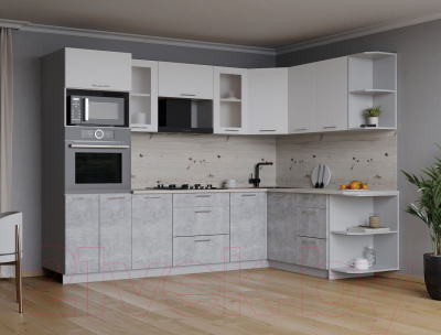 Кухонный гарнитур Интерлиния Мила 1.68x2.6 правая (белый платинум/бетон/бискайская сосна)