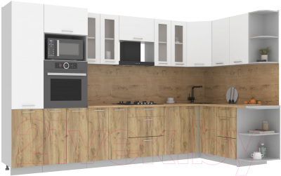 Кухонный гарнитур Интерлиния Мила 1.68x3.4 правая (белый платинум/дуб золотой/дуб бунратти) - фото