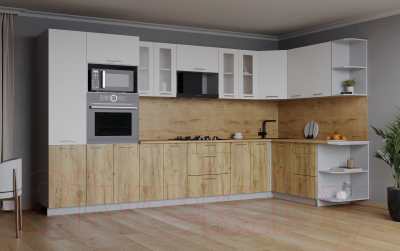 Кухонный гарнитур Интерлиния Мила 1.68x3.4 правая (белый платинум/дуб золотой/дуб бунратти)