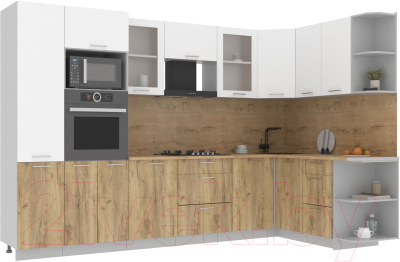 Кухонный гарнитур Интерлиния Мила 1.68x3.2 правая (белый платинум/дуб золотой/дуб бунратти) - фото