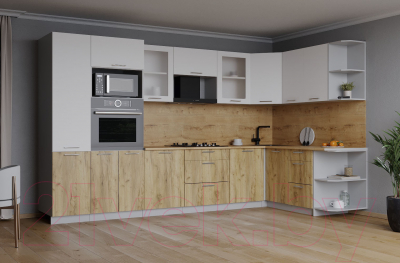 Кухонный гарнитур Интерлиния Мила 1.68x3.2 правая (белый платинум/дуб золотой/дуб бунратти)