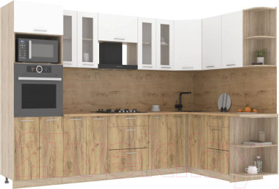 Кухонный гарнитур Интерлиния Мила 1.68x3.0 правая (белый платинум/дуб золотой/дуб бунратти) - фото