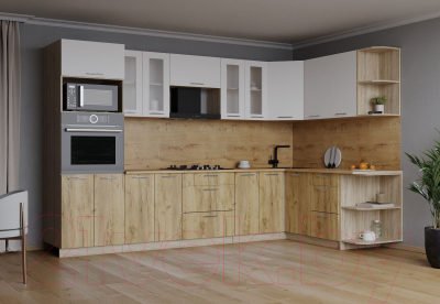 Кухонный гарнитур Интерлиния Мила 1.68x3.0 правая (белый платинум/дуб золотой/дуб бунратти)