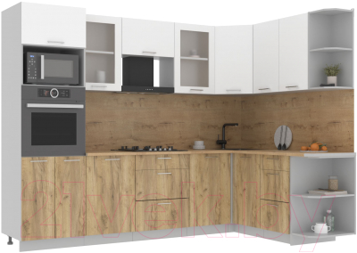 Кухонный гарнитур Интерлиния Мила 1.68x2.8 правая (белый платинум/дуб золотой/дуб бунратти) - фото