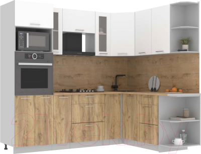 Кухонный гарнитур Интерлиния Мила 1.68x2.4 правая (белый платинум/дуб золотой/дуб бунратти) - фото