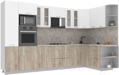 Кухонный гарнитур Интерлиния Мила 1.68x3.4 правая (белый платинум/дуб серый/малага) - фото