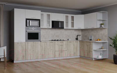 Кухонный гарнитур Интерлиния Мила 1.68x3.4 правая (белый платинум/дуб серый/малага)