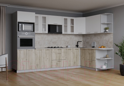 Кухонный гарнитур Интерлиния Мила 1.68x3.0 правая (белый платинум/дуб серый/малага)