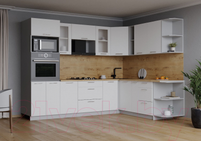 Кухонный гарнитур Интерлиния Мила 1.88x2.6 правая (белый платинум/белый платинум/дуб бунратти)