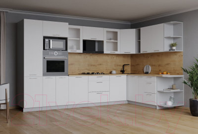 Кухонный гарнитур Интерлиния Мила 1.88x3.2 правая (белый платинум/бетон/бискайская сосна)