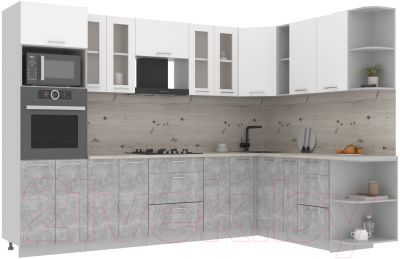 Кухонный гарнитур Интерлиния Мила 1.88x3.0 правая (белый платинум/бетон/бискайская сосна) - фото