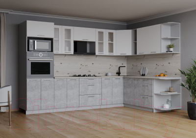 Кухонный гарнитур Интерлиния Мила 1.88x3.0 правая (белый платинум/бетон/бискайская сосна)