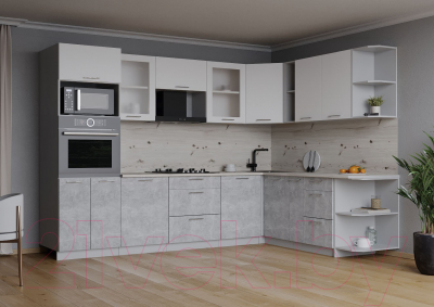 Кухонный гарнитур Интерлиния Мила 1.88x2.8 правая (белый платинум/бетон/бискайская сосна)