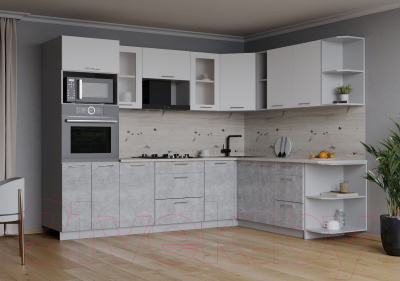 Кухонный гарнитур Интерлиния Мила 1.88x2.6 правая (белый платинум/бетон/бискайская сосна)