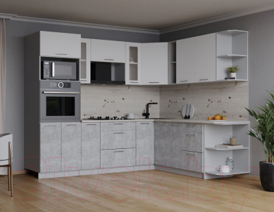 Кухонный гарнитур Интерлиния Мила 1.88x2.4 правая (белый платинум/бетон/бискайская сосна)