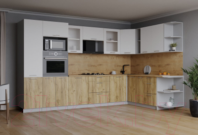 Кухонный гарнитур Интерлиния Мила 1.88x3.2 правая (белый платинум/дуб золотой/дуб бунратти)