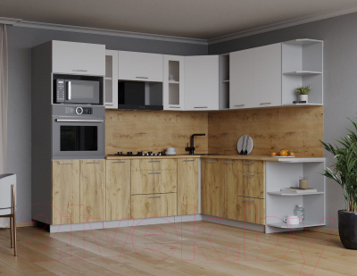 Кухонный гарнитур Интерлиния Мила 1.88x2.4 правая (белый платинум/дуб золотой/дуб бунратти)