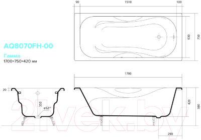 Ванна чугунная Aquatek Гамма 170x75 / AQ8070F-00 (с ножками)