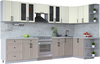 Кухонный гарнитур Интерлиния Тренд 1.5x3.4 правая (луна/белый/серый каспий) - фото