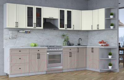 Кухонный гарнитур Интерлиния Тренд 1.5x3.4 правая (луна/белый/серый каспий)