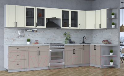 Кухонный гарнитур Интерлиния Тренд 1.5x3.7 правая (луна/белый/серый каспий) - фото