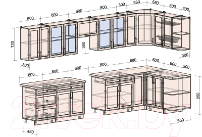 Кухонный гарнитур Интерлиния Тренд 1.5x3.7 правая (луна/белый/серый каспий)