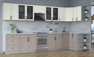 Кухонный гарнитур Интерлиния Тренд 1.5x3.8 правая (луна/белый/серый каспий)