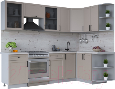 Кухонный гарнитур Интерлиния Тренд 1.5x2.6 правая (луна/луна/бискайская сосна) - фото