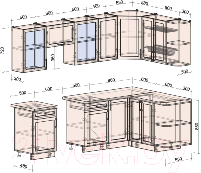 Кухонный гарнитур Интерлиния Тренд 1.5x2.6 правая (луна/луна/бискайская сосна)
