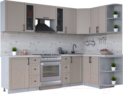 Кухонный гарнитур Интерлиния Тренд 1.5x2.7 правая (луна/луна/бискайская сосна) - фото