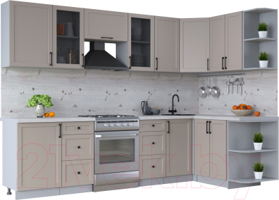 Кухонный гарнитур Интерлиния Тренд 1.5x2.9 правая (луна/луна/бискайская сосна) - фото