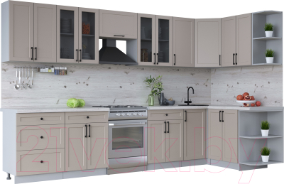 Кухонный гарнитур Интерлиния Тренд 1.5x3.4 правая (луна/луна/бискайская сосна) - фото