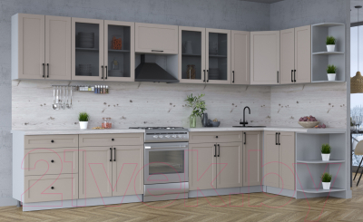 Кухонный гарнитур Интерлиния Тренд 1.5x3.7 правая (луна/луна/бискайская сосна)