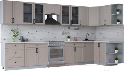 Кухонный гарнитур Интерлиния Тренд 1.5x3.8 правая (луна/луна/бискайская сосна) - фото