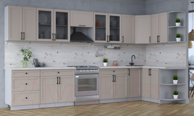 Кухонный гарнитур Интерлиния Тренд 1.5x3.8 правая (луна/луна/бискайская сосна)