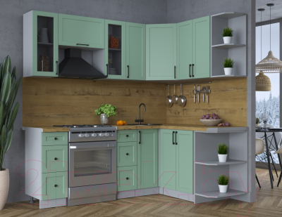 Кухонный гарнитур Интерлиния Тренд 1.5x2.1 правая (мята/мята/дуб бунратти)