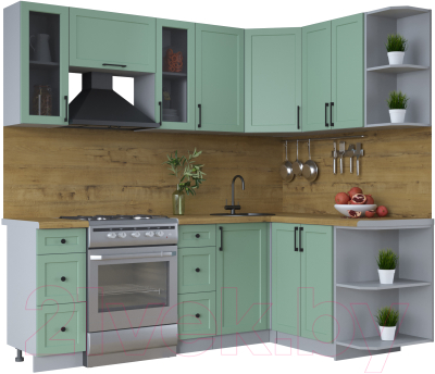Кухонный гарнитур Интерлиния Тренд 1.5x2.2 правая (мята/мята/дуб бунратти) - фото