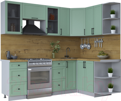Кухонный гарнитур Интерлиния Тренд 1.5x2.3 правая (мята/мята/дуб бунратти) - фото